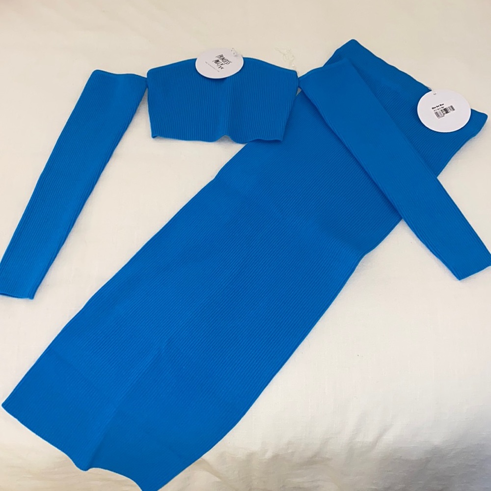 Princess Polly Blue Maxi Skirt and Long Sleeve Tube Off the Shoulder Top Set NWT